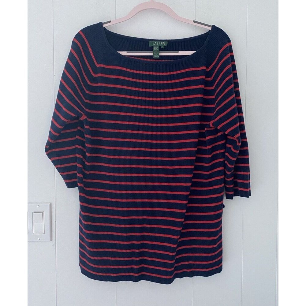 Lauren Ralph Lauren Size XL Navy Blue Red Stripe Boat Neck Cotton Knit Sweater